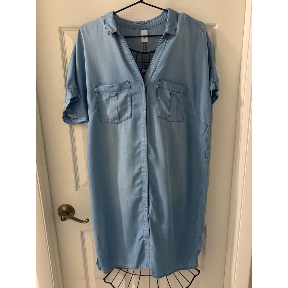 H&M &Denim Chambray Shirt Dress Light Blue Button Front Size 10 Oversized EUC
